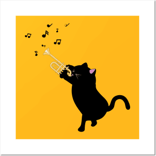 Black cat with trumpet Posters and Art